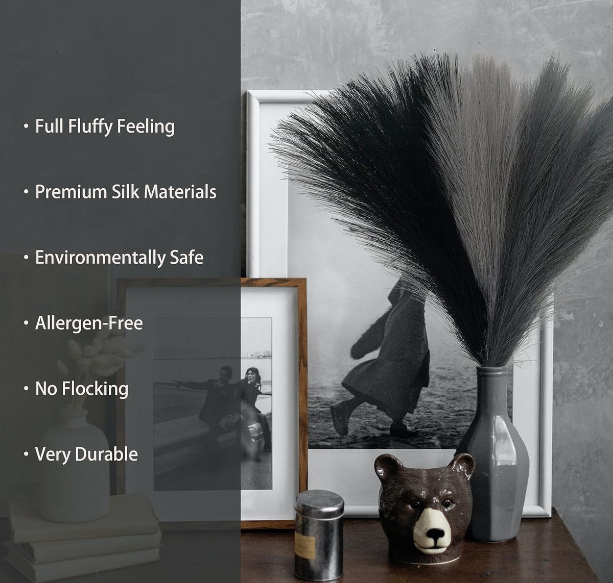 45" Faux Dried Pampas Grass Tall Decor, Fluffy Fake Long Pompas Artificial Black Grey Gray Pompous Stems Bouquet Flower Arrangement Vase Filler for Boho Home Wedding Decoration