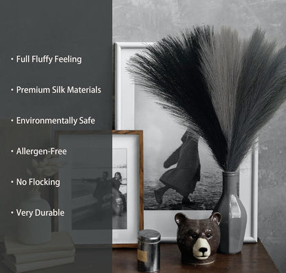 45" Faux Dried Pampas Grass Tall Decor, Fluffy Fake Long Pompas Artificial Black Grey Gray Pompous Stems Bouquet Flower Arrangement Vase Filler for Boho Home Wedding Decoration