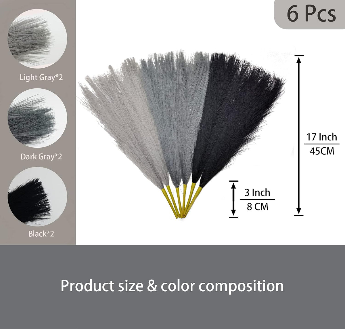 45" Faux Dried Pampas Grass Tall Decor, Fluffy Fake Long Pompas Artificial Black Grey Gray Pompous Stems Bouquet Flower Arrangement Vase Filler for Boho Home Wedding Decoration