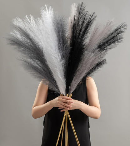 45" Faux Dried Pampas Grass Tall Decor, Fluffy Fake Long Pompas Artificial Black Grey Gray Pompous Stems Bouquet Flower Arrangement Vase Filler for Boho Home Wedding Decoration