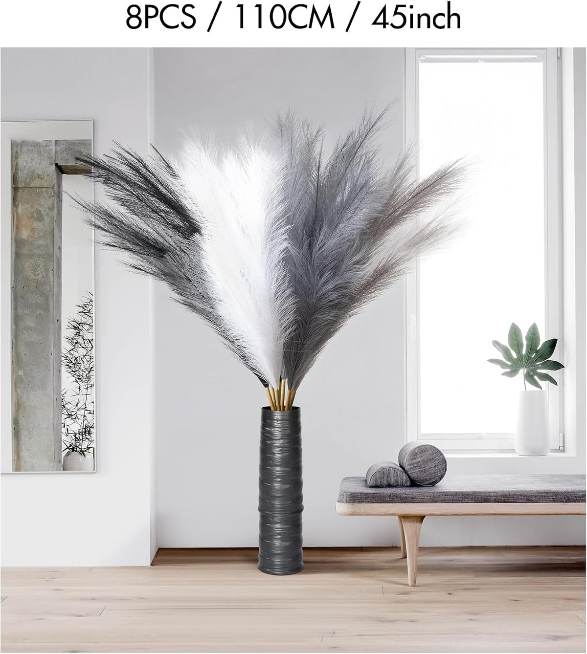 45" Faux Dried Pampas Grass Tall Decor, Fluffy Fake Long Pompas Artificial Black Grey Gray Pompous Stems Bouquet Flower Arrangement Vase Filler for Boho Home Wedding Decoration