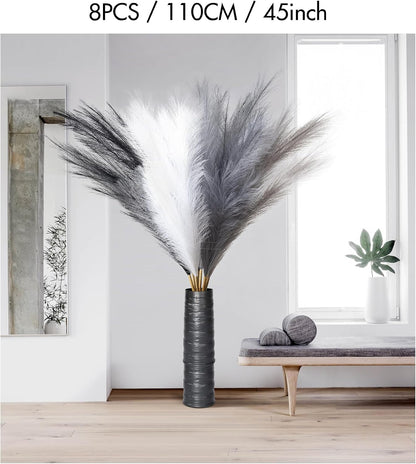 45" Faux Dried Pampas Grass Tall Decor, Fluffy Fake Long Pompas Artificial Black Grey Gray Pompous Stems Bouquet Flower Arrangement Vase Filler for Boho Home Wedding Decoration