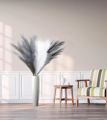 45" Faux Dried Pampas Grass Tall Decor, Fluffy Fake Long Pompas Artificial Black Grey Gray Pompous Stems Bouquet Flower Arrangement Vase Filler for Boho Home Wedding Decoration