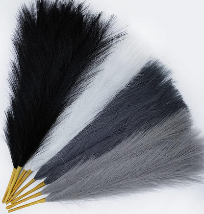 45" Faux Dried Pampas Grass Tall Decor, Fluffy Fake Long Pompas Artificial Black Grey Gray Pompous Stems Bouquet Flower Arrangement Vase Filler for Boho Home Wedding Decoration