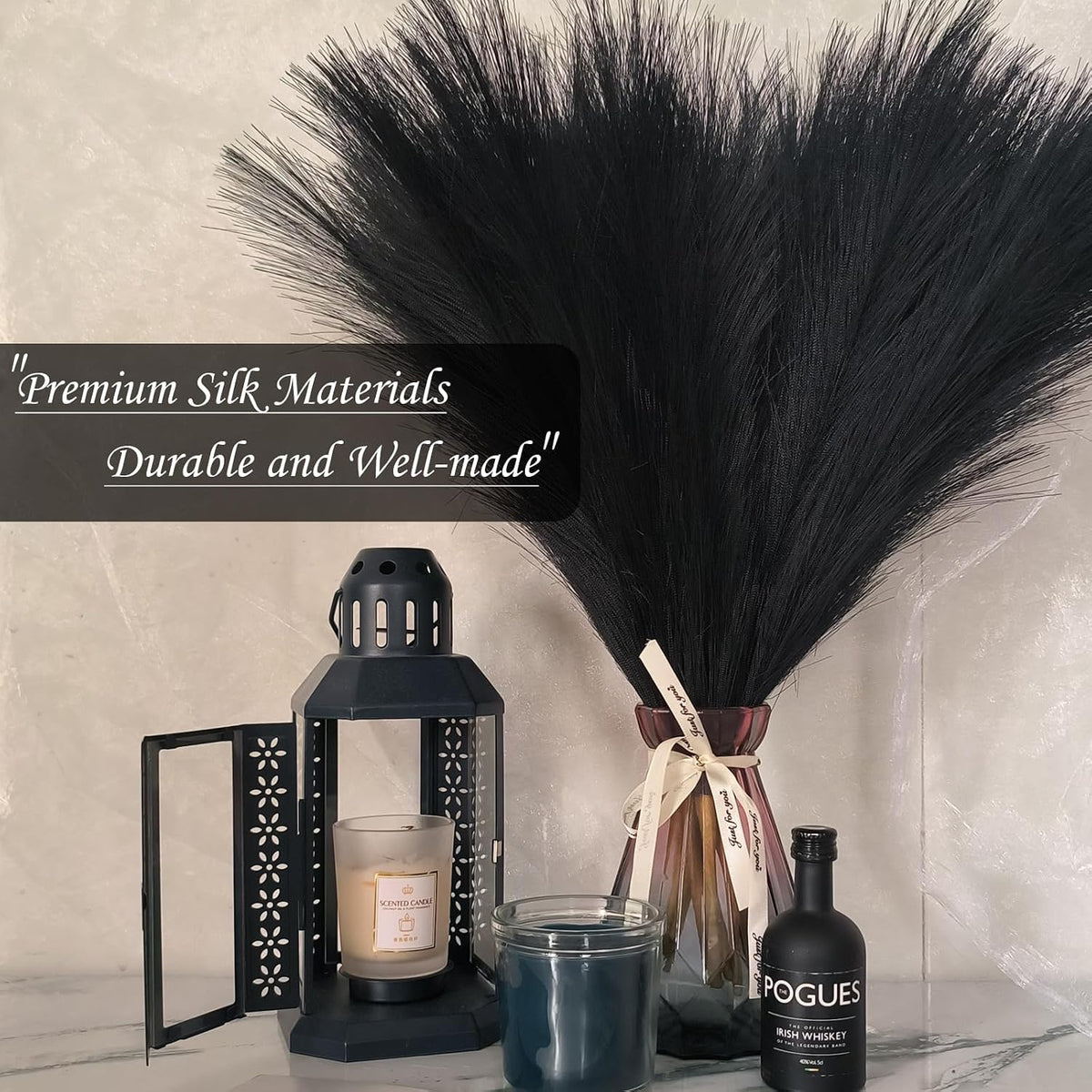 45" Faux Dried Pampas Grass Tall Decor, Fluffy Fake Long Pompas Artificial Black Grey Gray Pompous Stems Bouquet Flower Arrangement Vase Filler for Boho Home Wedding Decoration