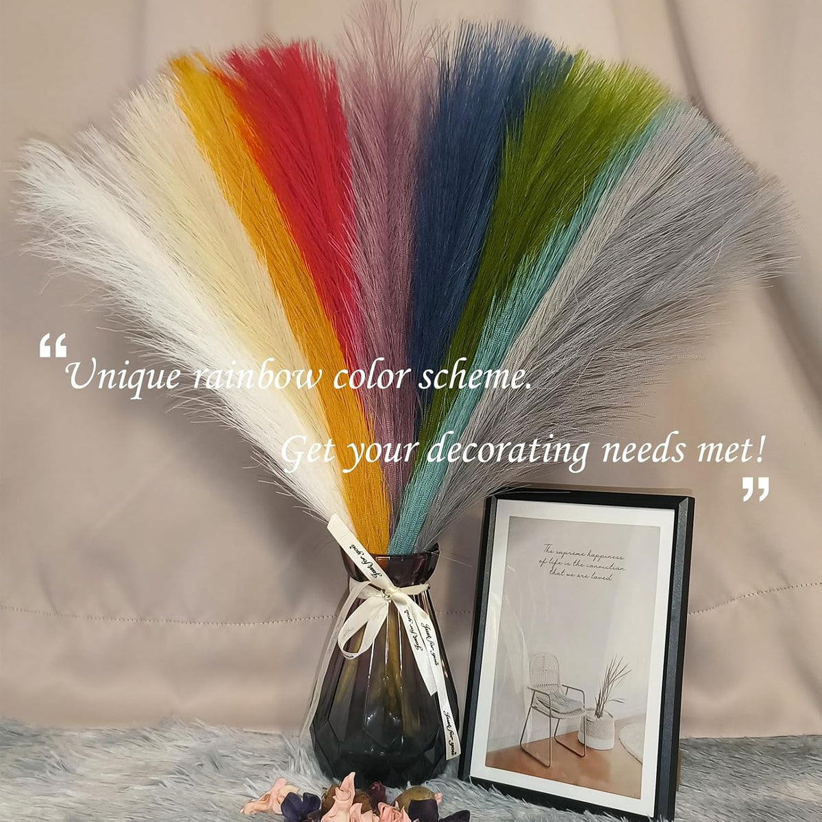 45" Faux Dried Pampas Grass Tall Decor, Fluffy Fake Long Pompas Artificial Black Grey Gray Pompous Stems Bouquet Flower Arrangement Vase Filler for Boho Home Wedding Decoration