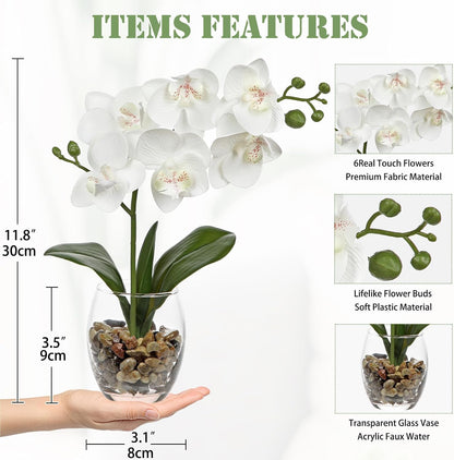 White Orchids Artificial Flowers with Vase, Small Faux Orchid Arrangement Set of 2 Fake Flowers in Glass Vases Small White Centerpieces for Kitchen Dining Room Tables Bathroom Nightstand Shelf Decor