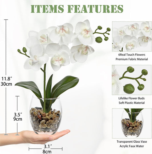 White Orchids Artificial Flowers with Vase, Small Faux Orchid Arrangement Set of 2 Fake Flowers in Glass Vases Small White Centerpieces for Kitchen Dining Room Tables Bathroom Nightstand Shelf Decor