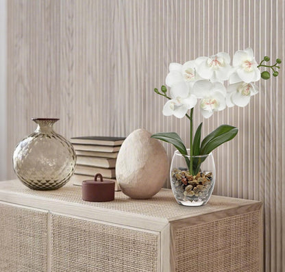 White Orchids Artificial Flowers with Vase, Small Faux Orchid Arrangement Set of 2 Fake Flowers in Glass Vases Small White Centerpieces for Kitchen Dining Room Tables Bathroom Nightstand Shelf Decor