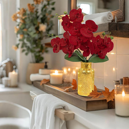 White Orchids Artificial Flowers with Vase, Small Faux Orchid Arrangement Set of 2 Fake Flowers in Glass Vases Small White Centerpieces for Kitchen Dining Room Tables Bathroom Nightstand Shelf Decor