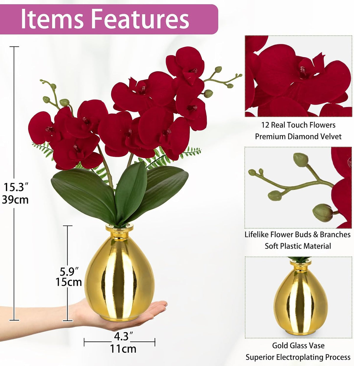 White Orchids Artificial Flowers with Vase, Small Faux Orchid Arrangement Set of 2 Fake Flowers in Glass Vases Small White Centerpieces for Kitchen Dining Room Tables Bathroom Nightstand Shelf Decor