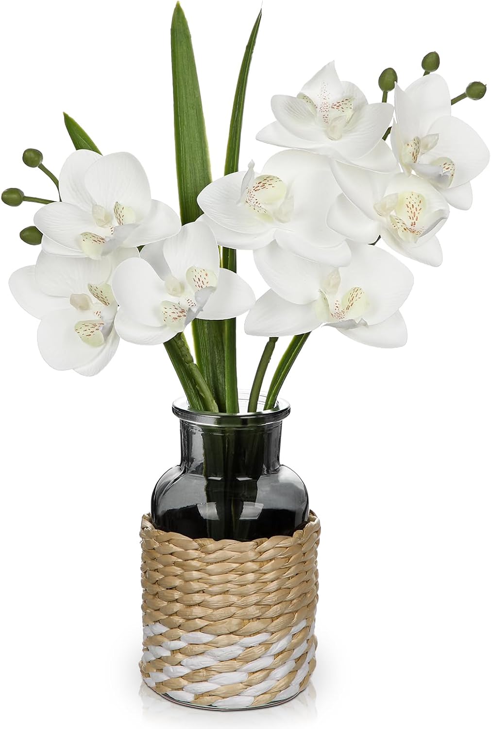 White Orchids Artificial Flowers with Vase, Small Faux Orchid Arrangement Set of 2 Fake Flowers in Glass Vases Small White Centerpieces for Kitchen Dining Room Tables Bathroom Nightstand Shelf Decor