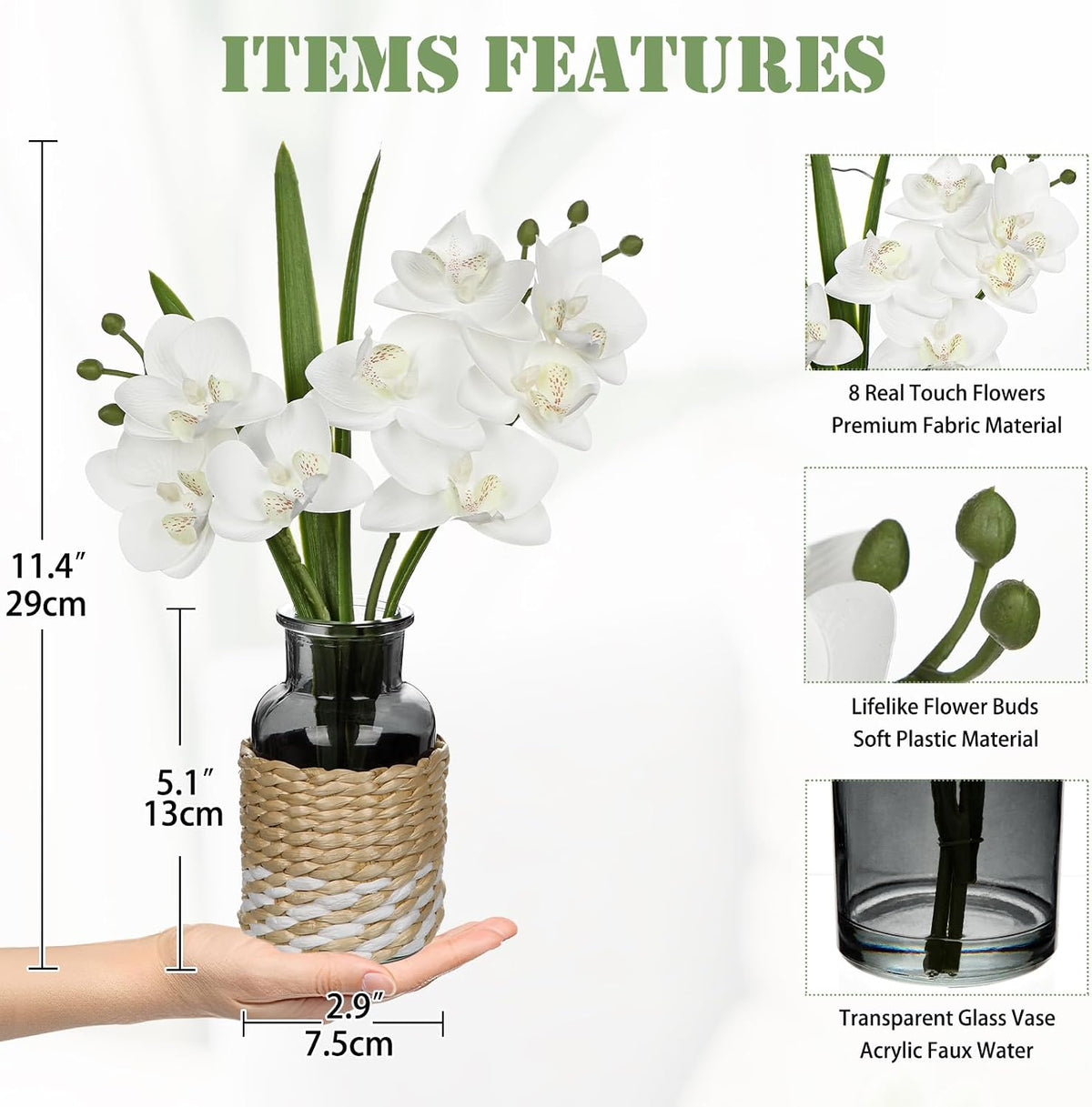 White Orchids Artificial Flowers with Vase, Small Faux Orchid Arrangement Set of 2 Fake Flowers in Glass Vases Small White Centerpieces for Kitchen Dining Room Tables Bathroom Nightstand Shelf Decor