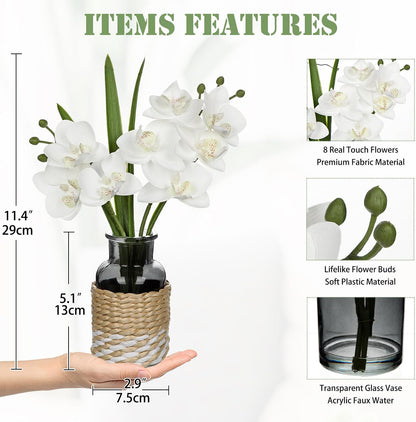 White Orchids Artificial Flowers with Vase, Small Faux Orchid Arrangement Set of 2 Fake Flowers in Glass Vases Small White Centerpieces for Kitchen Dining Room Tables Bathroom Nightstand Shelf Decor