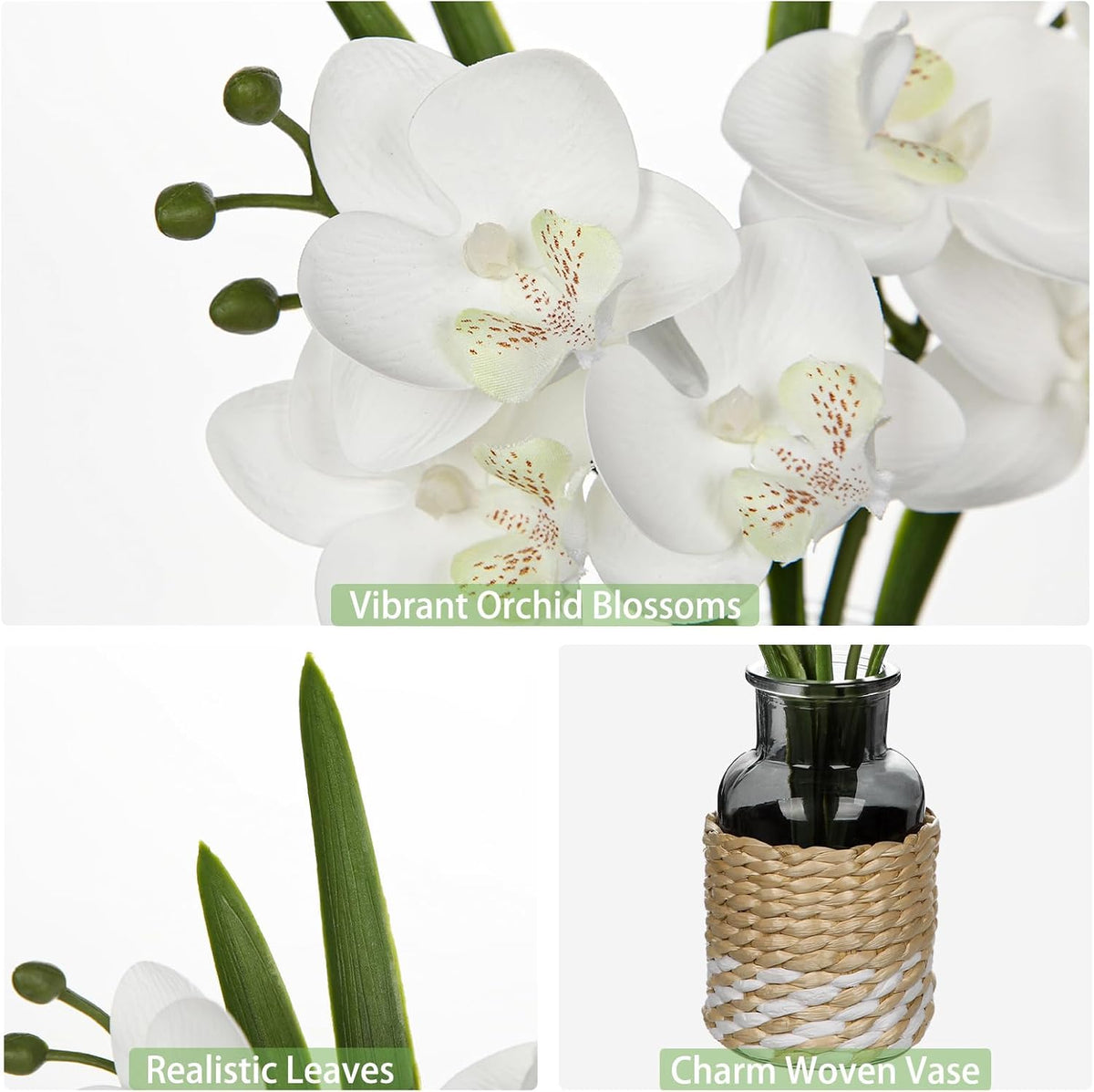 White Orchids Artificial Flowers with Vase, Small Faux Orchid Arrangement Set of 2 Fake Flowers in Glass Vases Small White Centerpieces for Kitchen Dining Room Tables Bathroom Nightstand Shelf Decor