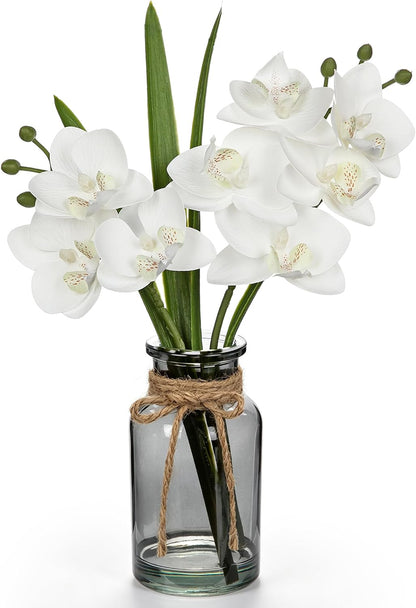 White Orchids Artificial Flowers with Vase, Small Faux Orchid Arrangement Set of 2 Fake Flowers in Glass Vases Small White Centerpieces for Kitchen Dining Room Tables Bathroom Nightstand Shelf Decor