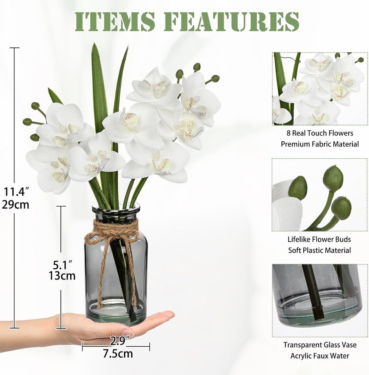 White Orchids Artificial Flowers with Vase, Small Faux Orchid Arrangement Set of 2 Fake Flowers in Glass Vases Small White Centerpieces for Kitchen Dining Room Tables Bathroom Nightstand Shelf Decor
