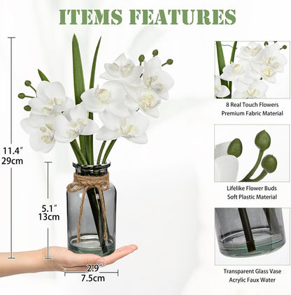 White Orchids Artificial Flowers with Vase, Small Faux Orchid Arrangement Set of 2 Fake Flowers in Glass Vases Small White Centerpieces for Kitchen Dining Room Tables Bathroom Nightstand Shelf Decor