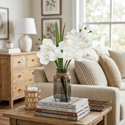 White Orchids Artificial Flowers with Vase, Small Faux Orchid Arrangement Set of 2 Fake Flowers in Glass Vases Small White Centerpieces for Kitchen Dining Room Tables Bathroom Nightstand Shelf Decor