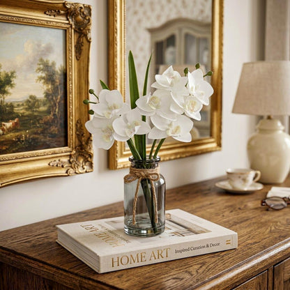 White Orchids Artificial Flowers with Vase, Small Faux Orchid Arrangement Set of 2 Fake Flowers in Glass Vases Small White Centerpieces for Kitchen Dining Room Tables Bathroom Nightstand Shelf Decor