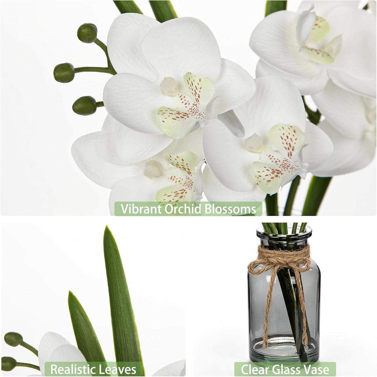 White Orchids Artificial Flowers with Vase, Small Faux Orchid Arrangement Set of 2 Fake Flowers in Glass Vases Small White Centerpieces for Kitchen Dining Room Tables Bathroom Nightstand Shelf Decor