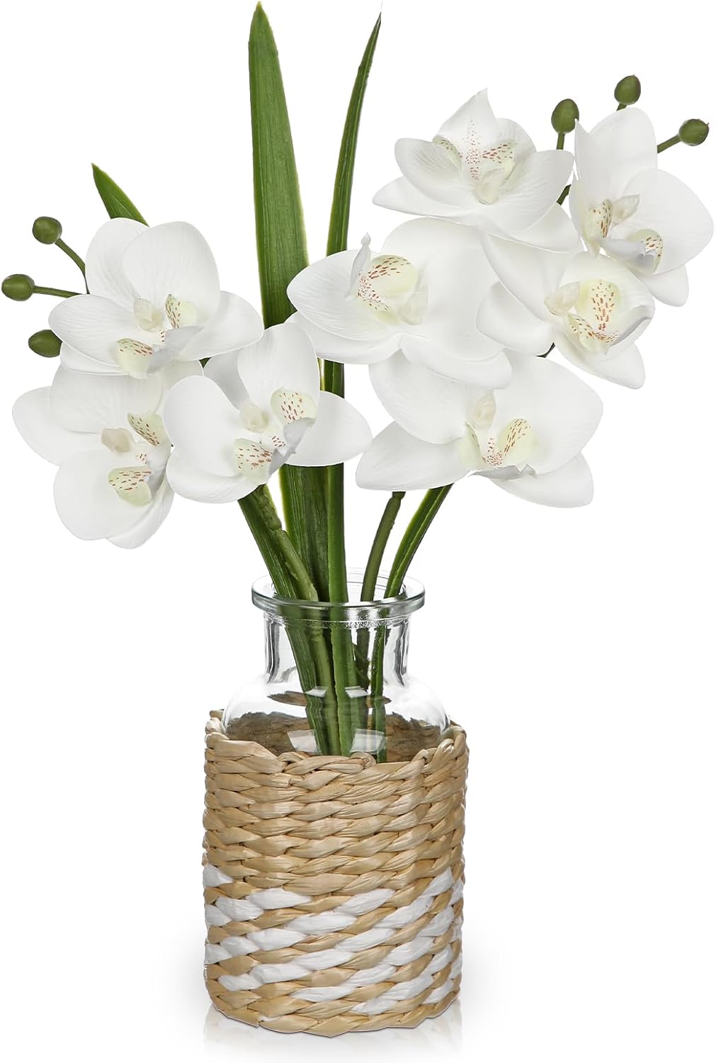 White Orchids Artificial Flowers with Vase, Small Faux Orchid Arrangement Set of 2 Fake Flowers in Glass Vases Small White Centerpieces for Kitchen Dining Room Tables Bathroom Nightstand Shelf Decor