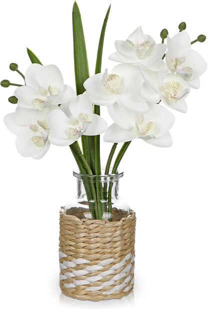 White Orchids Artificial Flowers with Vase, Small Faux Orchid Arrangement Set of 2 Fake Flowers in Glass Vases Small White Centerpieces for Kitchen Dining Room Tables Bathroom Nightstand Shelf Decor
