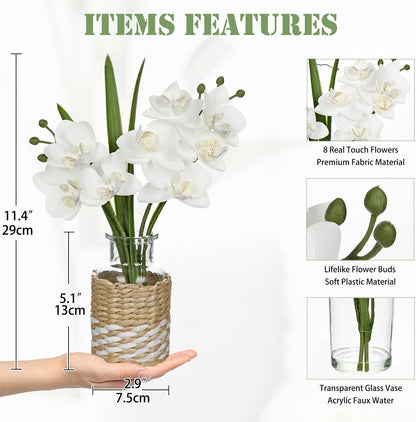 White Orchids Artificial Flowers with Vase, Small Faux Orchid Arrangement Set of 2 Fake Flowers in Glass Vases Small White Centerpieces for Kitchen Dining Room Tables Bathroom Nightstand Shelf Decor