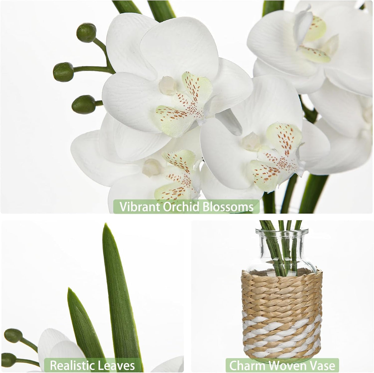 White Orchids Artificial Flowers with Vase, Small Faux Orchid Arrangement Set of 2 Fake Flowers in Glass Vases Small White Centerpieces for Kitchen Dining Room Tables Bathroom Nightstand Shelf Decor