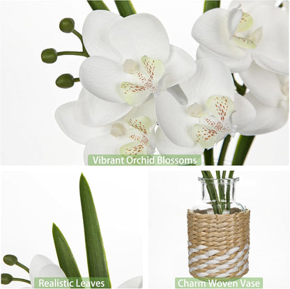 White Orchids Artificial Flowers with Vase, Small Faux Orchid Arrangement Set of 2 Fake Flowers in Glass Vases Small White Centerpieces for Kitchen Dining Room Tables Bathroom Nightstand Shelf Decor