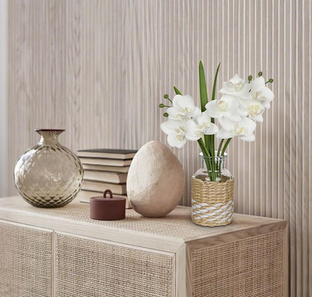 White Orchids Artificial Flowers with Vase, Small Faux Orchid Arrangement Set of 2 Fake Flowers in Glass Vases Small White Centerpieces for Kitchen Dining Room Tables Bathroom Nightstand Shelf Decor