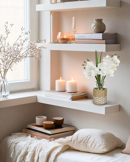 White Orchids Artificial Flowers with Vase, Small Faux Orchid Arrangement Set of 2 Fake Flowers in Glass Vases Small White Centerpieces for Kitchen Dining Room Tables Bathroom Nightstand Shelf Decor