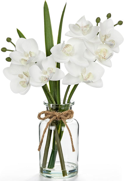 White Orchids Artificial Flowers with Vase, Small Faux Orchid Arrangement Set of 2 Fake Flowers in Glass Vases Small White Centerpieces for Kitchen Dining Room Tables Bathroom Nightstand Shelf Decor