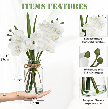 White Orchids Artificial Flowers with Vase, Small Faux Orchid Arrangement Set of 2 Fake Flowers in Glass Vases Small White Centerpieces for Kitchen Dining Room Tables Bathroom Nightstand Shelf Decor