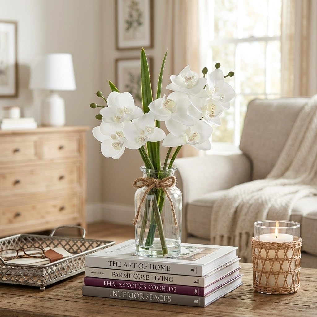 White Orchids Artificial Flowers with Vase, Small Faux Orchid Arrangement Set of 2 Fake Flowers in Glass Vases Small White Centerpieces for Kitchen Dining Room Tables Bathroom Nightstand Shelf Decor