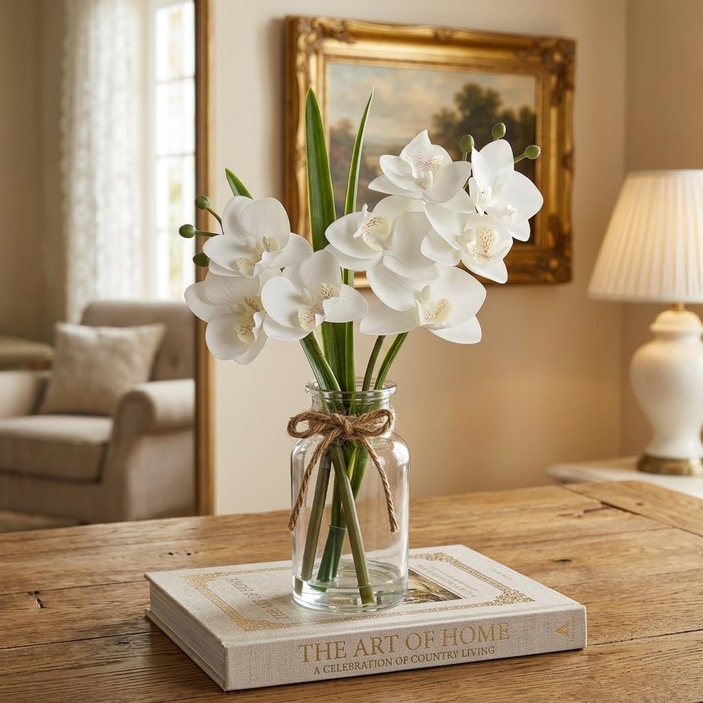 White Orchids Artificial Flowers with Vase, Small Faux Orchid Arrangement Set of 2 Fake Flowers in Glass Vases Small White Centerpieces for Kitchen Dining Room Tables Bathroom Nightstand Shelf Decor