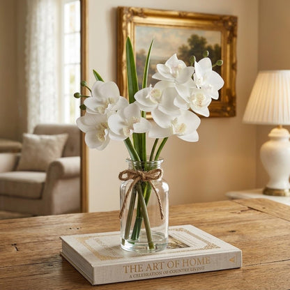 White Orchids Artificial Flowers with Vase, Small Faux Orchid Arrangement Set of 2 Fake Flowers in Glass Vases Small White Centerpieces for Kitchen Dining Room Tables Bathroom Nightstand Shelf Decor