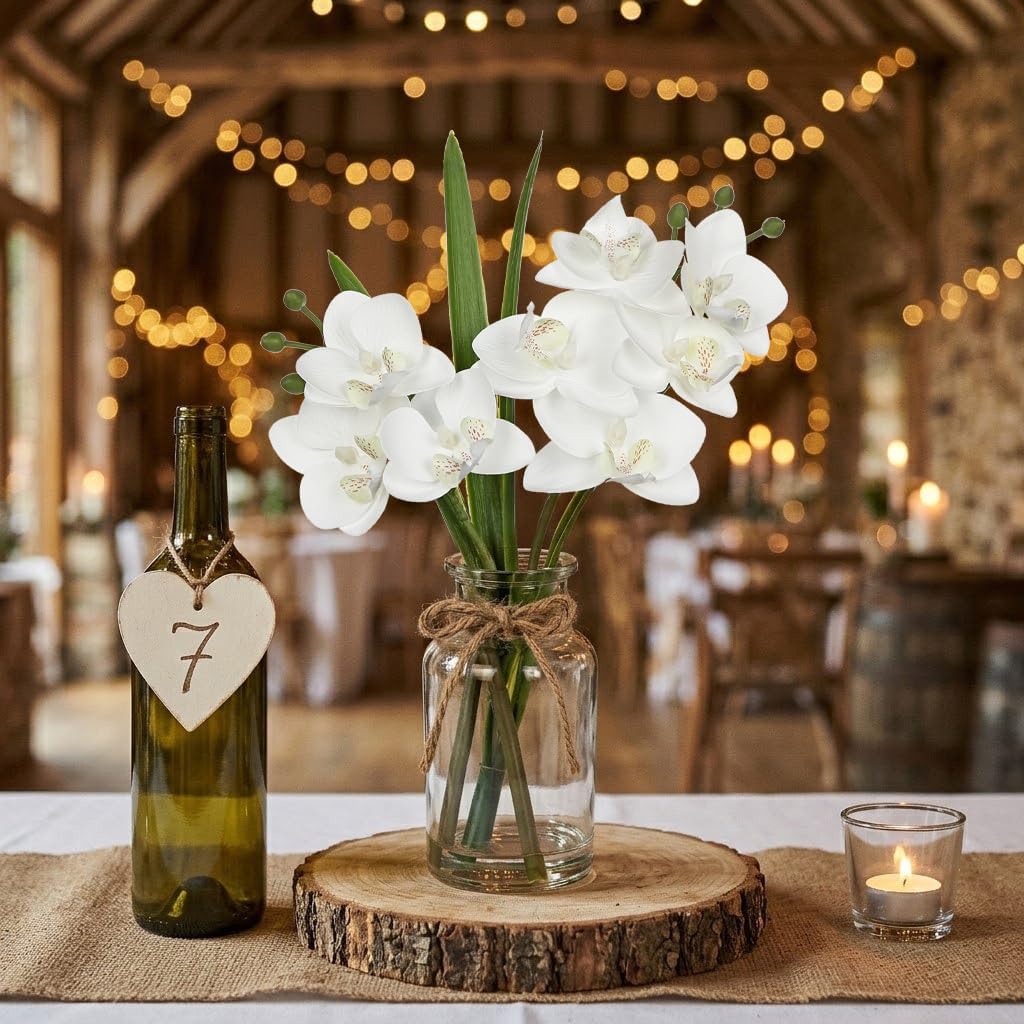 White Orchids Artificial Flowers with Vase, Small Faux Orchid Arrangement Set of 2 Fake Flowers in Glass Vases Small White Centerpieces for Kitchen Dining Room Tables Bathroom Nightstand Shelf Decor