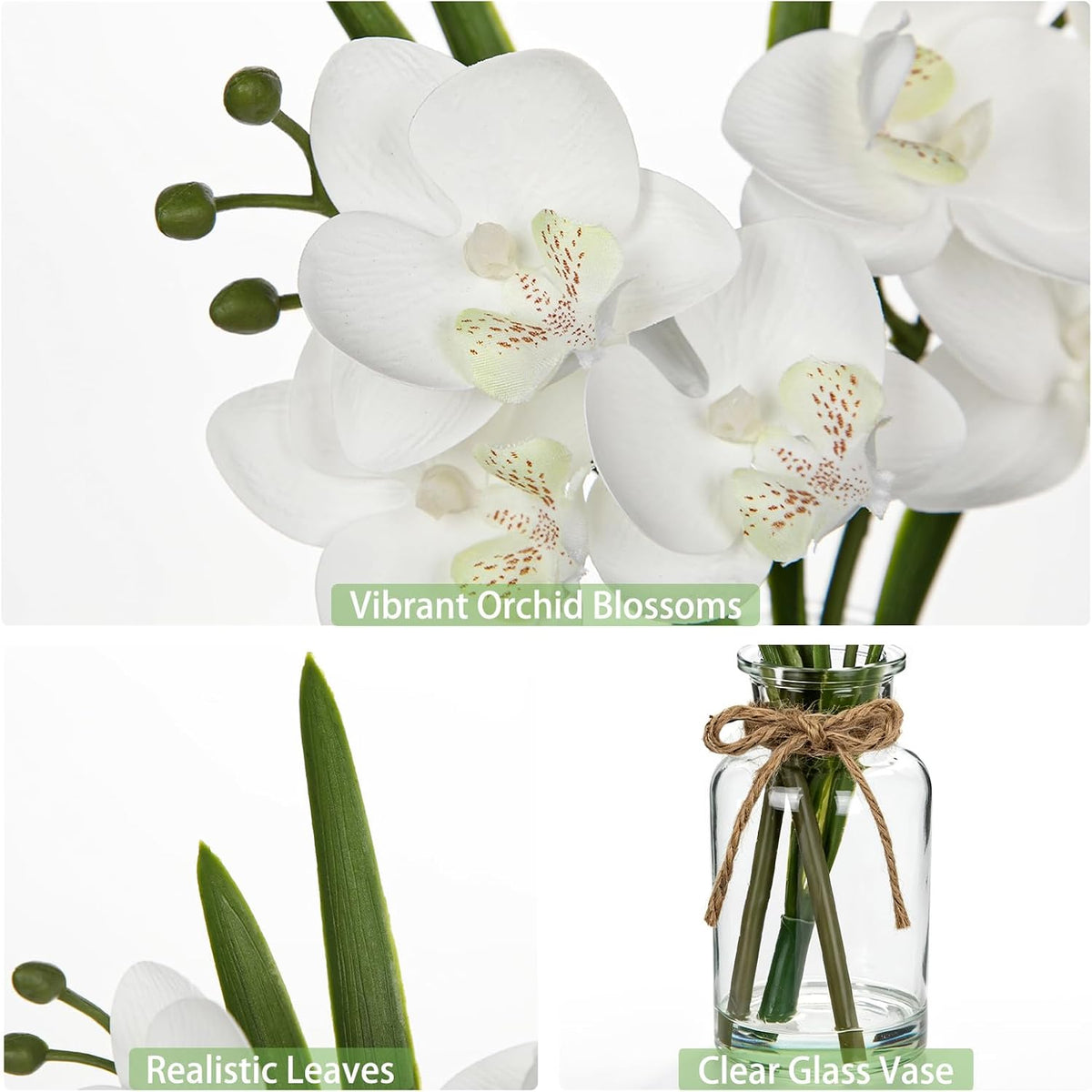 White Orchids Artificial Flowers with Vase, Small Faux Orchid Arrangement Set of 2 Fake Flowers in Glass Vases Small White Centerpieces for Kitchen Dining Room Tables Bathroom Nightstand Shelf Decor