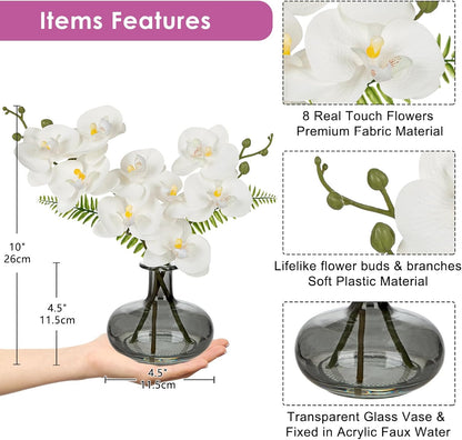 White Orchids Artificial Flowers with Vase, Small Faux Orchid Arrangement Set of 2 Fake Flowers in Glass Vases Small White Centerpieces for Kitchen Dining Room Tables Bathroom Nightstand Shelf Decor