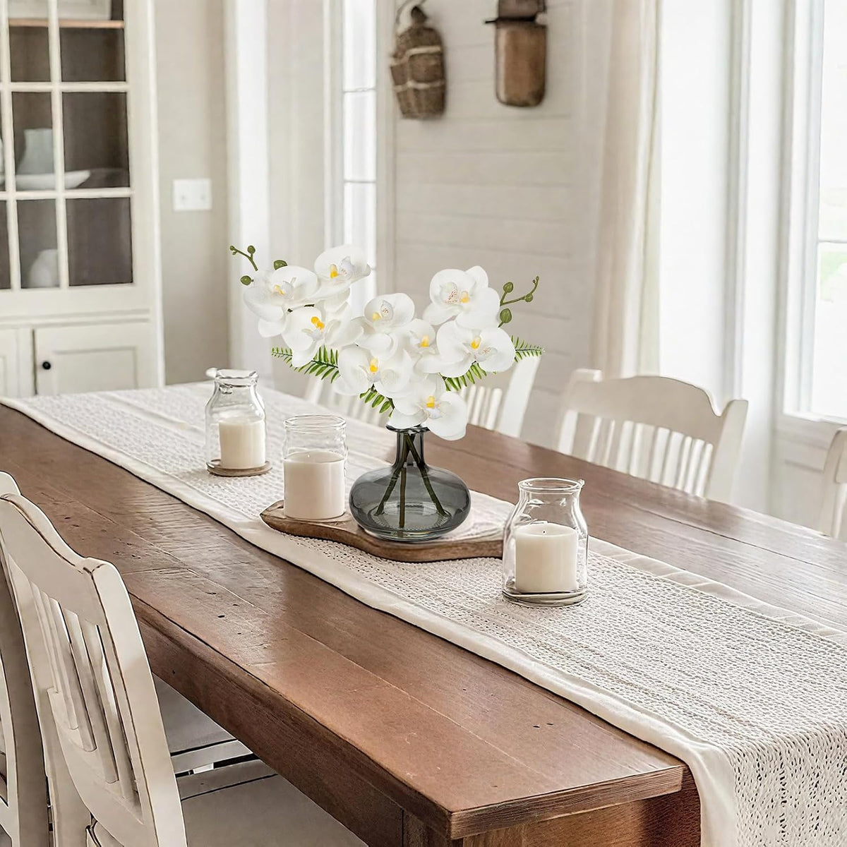 White Orchids Artificial Flowers with Vase, Small Faux Orchid Arrangement Set of 2 Fake Flowers in Glass Vases Small White Centerpieces for Kitchen Dining Room Tables Bathroom Nightstand Shelf Decor
