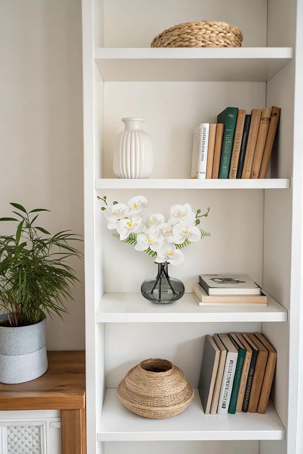 White Orchids Artificial Flowers with Vase, Small Faux Orchid Arrangement Set of 2 Fake Flowers in Glass Vases Small White Centerpieces for Kitchen Dining Room Tables Bathroom Nightstand Shelf Decor