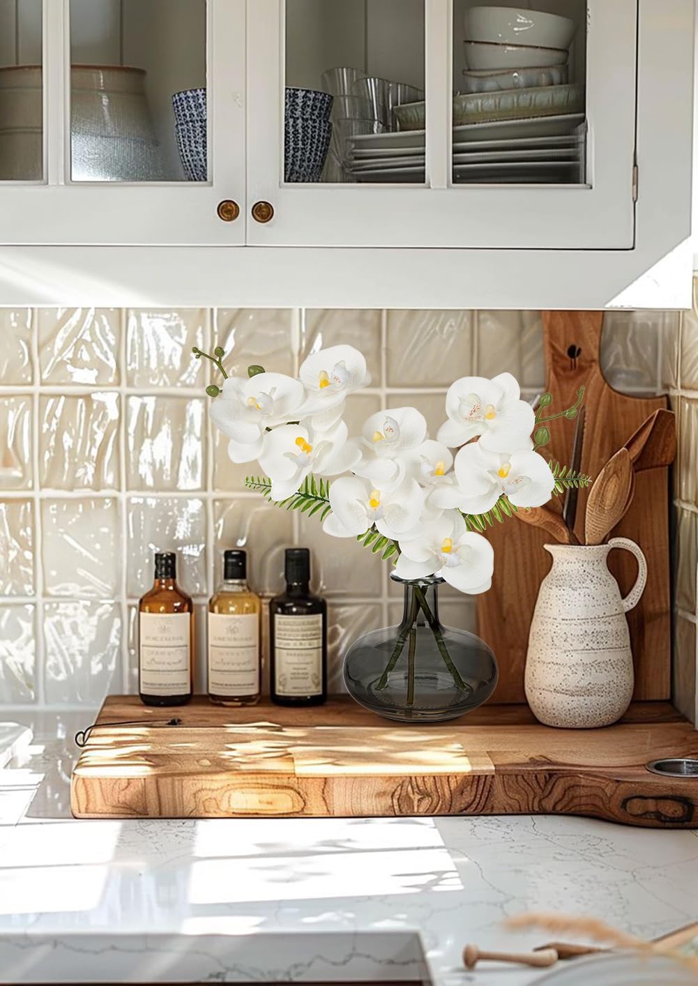 White Orchids Artificial Flowers with Vase, Small Faux Orchid Arrangement Set of 2 Fake Flowers in Glass Vases Small White Centerpieces for Kitchen Dining Room Tables Bathroom Nightstand Shelf Decor