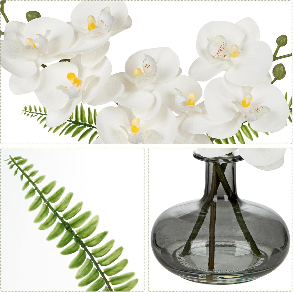 White Orchids Artificial Flowers with Vase, Small Faux Orchid Arrangement Set of 2 Fake Flowers in Glass Vases Small White Centerpieces for Kitchen Dining Room Tables Bathroom Nightstand Shelf Decor