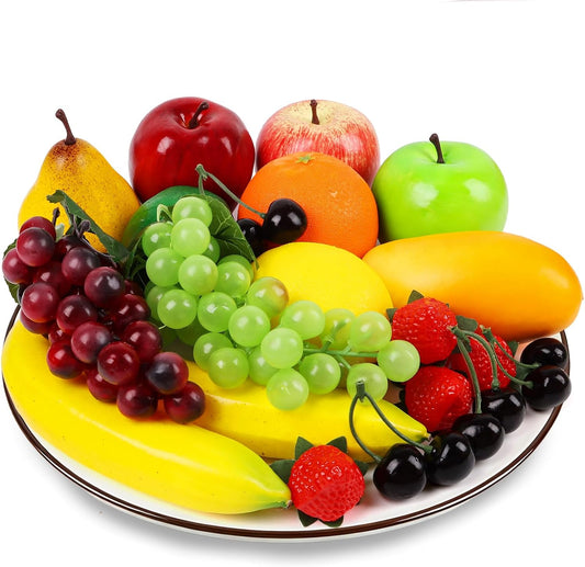 24Pcs Fake Fruit Pack, Artificial Fruit for Home Decor Realistic Fake Mixture Fruits Set Table Centrepieces Party Chirstmas Decoration Home Kitchen Lifelike Faux Fruits Modle Apple Bananas