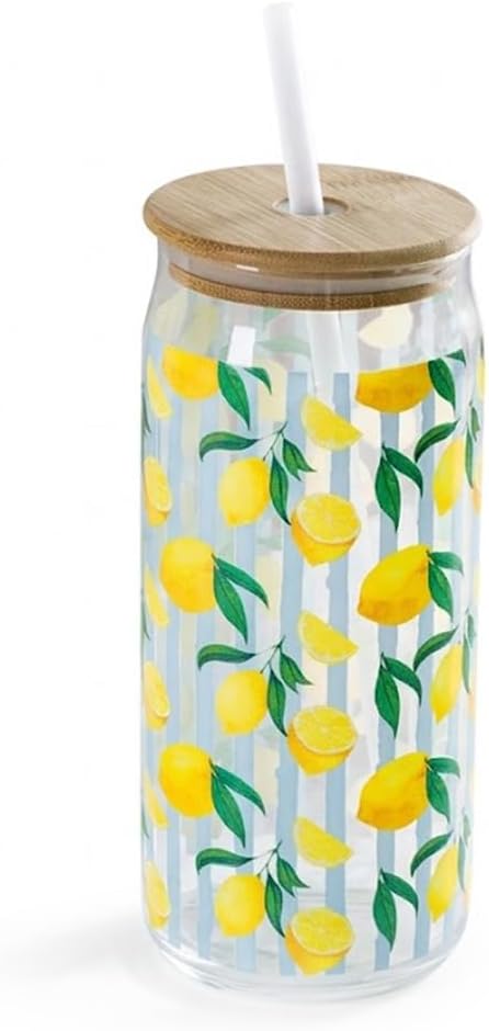 Lemon Glass Tumbler with Lid and Straw, Clear Drinkware with Yellow Citrus and Stripe Design, Decorative Cup for Iced Coffee, Tea, Water, or Juice, 25 Ounces