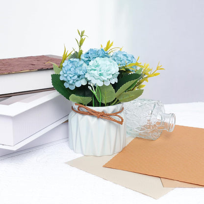 Artificial Hydrangea Bouquet with Small Ceramic Vase Artificial Flower Plants Mini Fake Hydrangea Flowers Decoration Indoor for Home Office Table Bedroom Living Room Party (Blue)