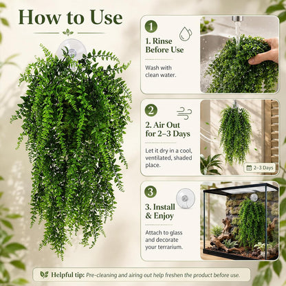 2 Pack Reptile Plants, Terrarium Hanging Plants Vines Artificial Leaves Habitat Decorations with Suction Cup for Bearded Dragon Hermit Crab Lizard Snake Geckos Chameleon