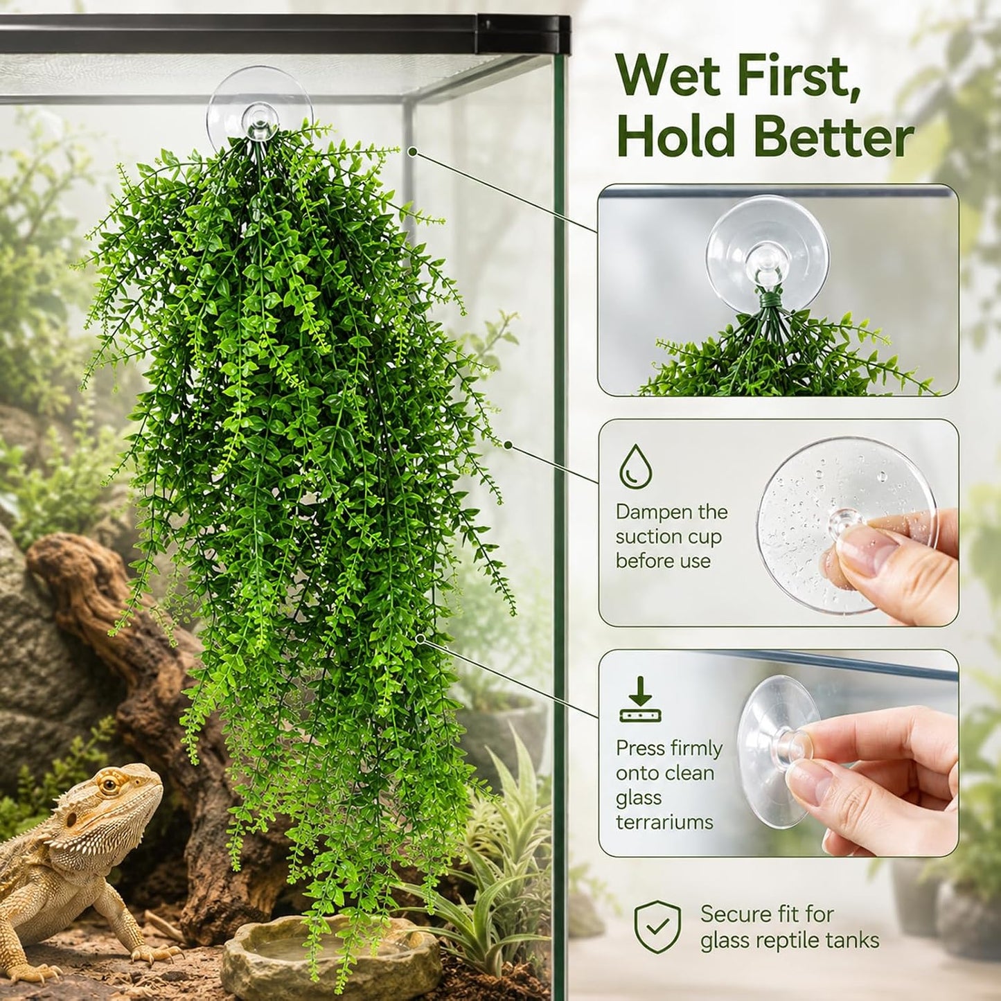 2 Pack Reptile Plants, Terrarium Hanging Plants Vines Artificial Leaves Habitat Decorations with Suction Cup for Bearded Dragon Hermit Crab Lizard Snake Geckos Chameleon