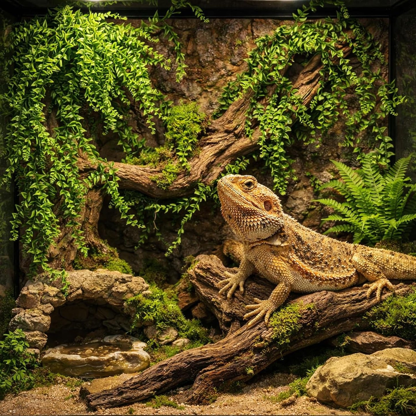 2 Pack Reptile Plants, Terrarium Hanging Plants Vines Artificial Leaves Habitat Decorations with Suction Cup for Bearded Dragon Hermit Crab Lizard Snake Geckos Chameleon